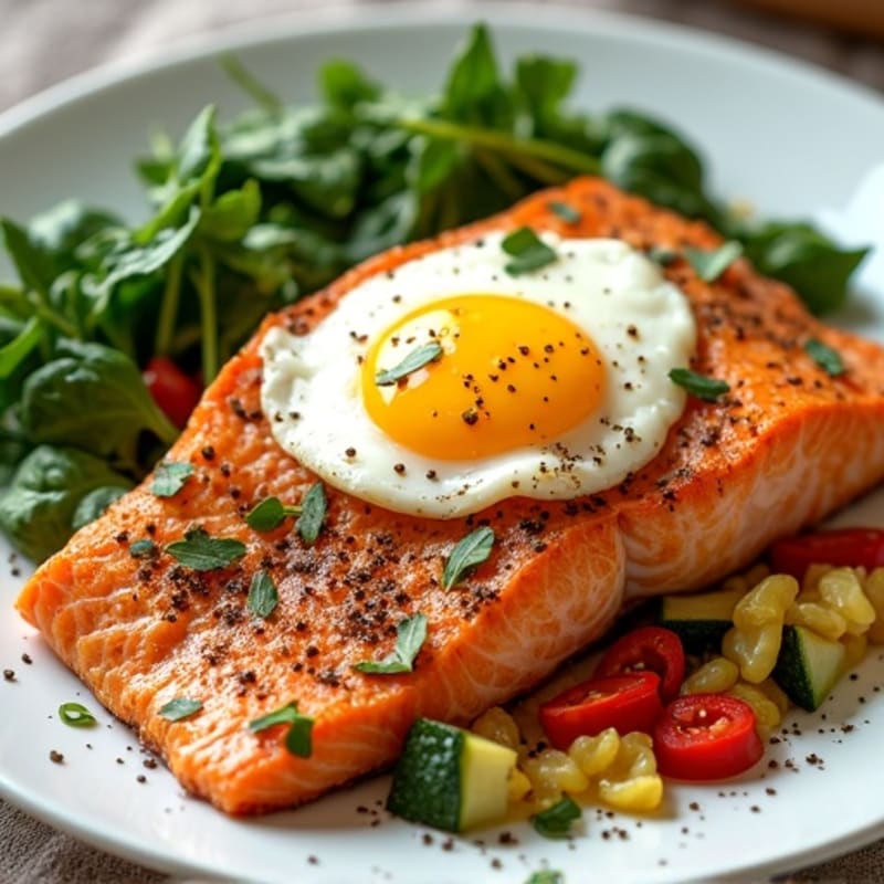 Baked Spiced Salmon with Chunky Veggie Egg Scramble