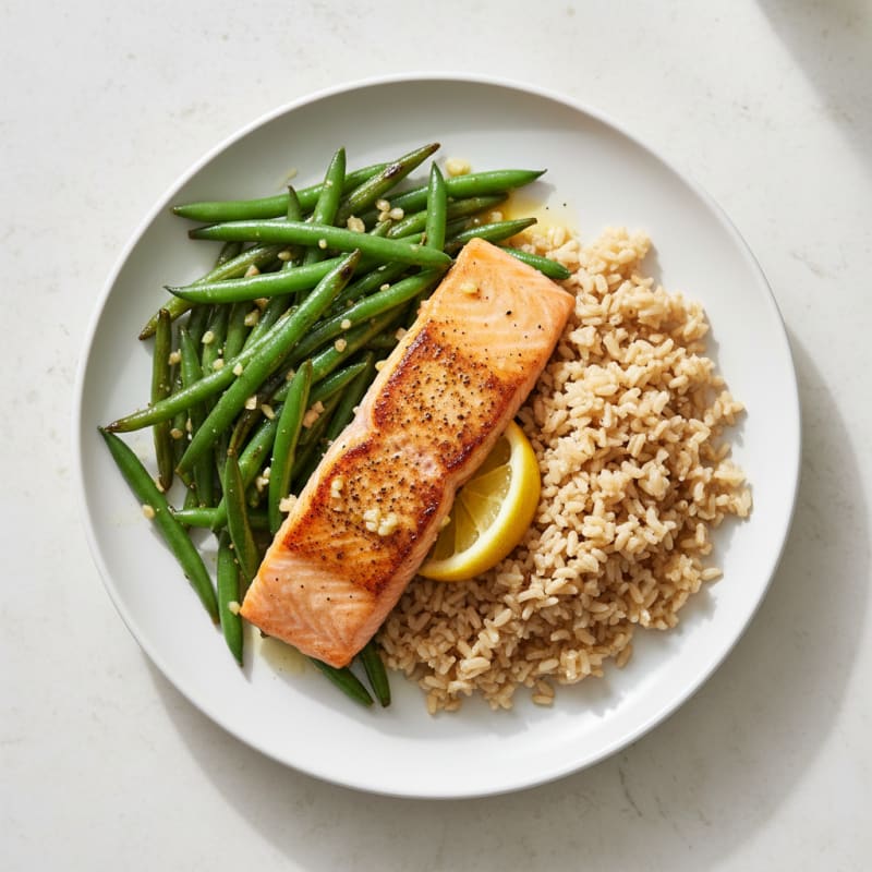 Seared Salmon Fillet with Garlic Green Beans and Brown Rice