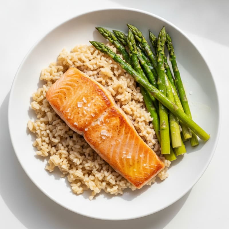 Seared Salmon with Steamed Asparagus and Brown Rice