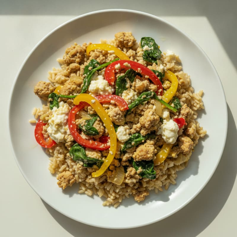 Turkey Egg White Scramble with Sautéed Vegetables and Brown Rice