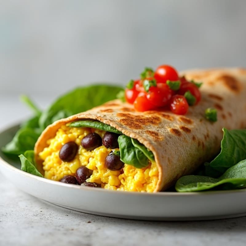 Hearty Scrambled Egg, Black Bean, and Avocado Whole Wheat Burrito
