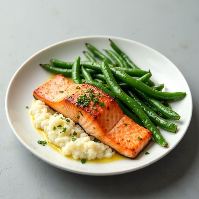 Seared Salmon with Garlic Green Beans and Cauliflower Mash