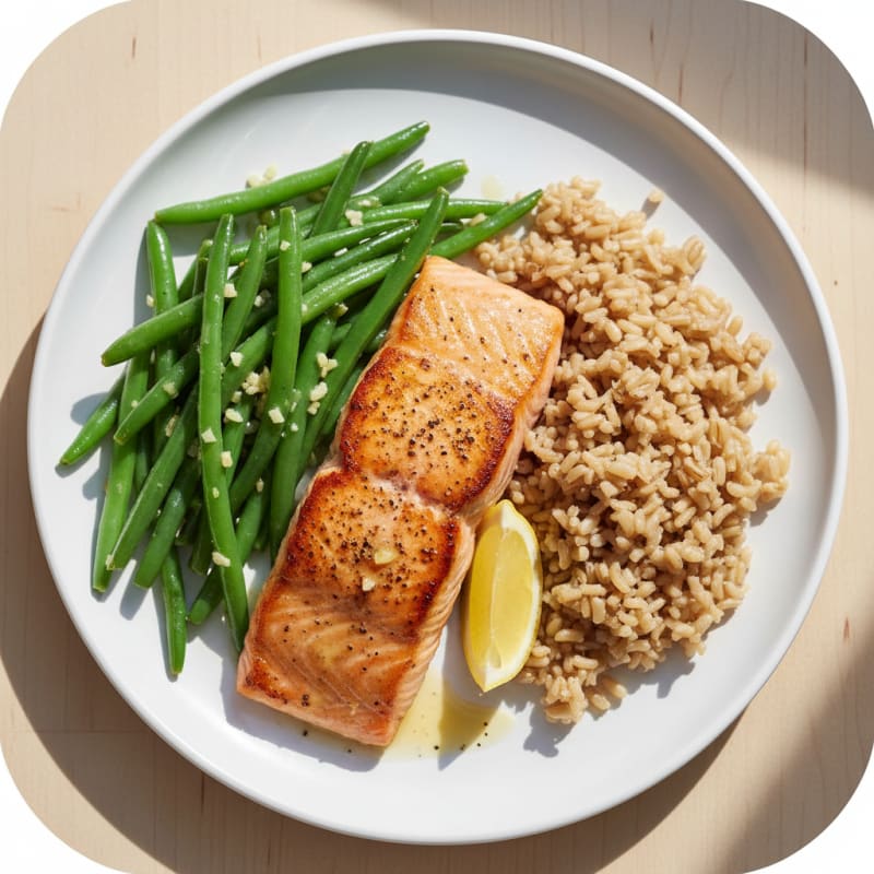 Seared Salmon Fillet with Garlic Green Beans and Brown Rice