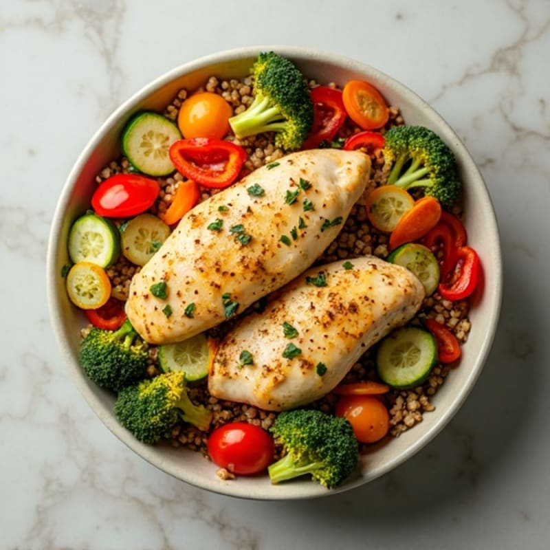 Warm Lemon Herb Chicken and Roasted Veggie Bowl