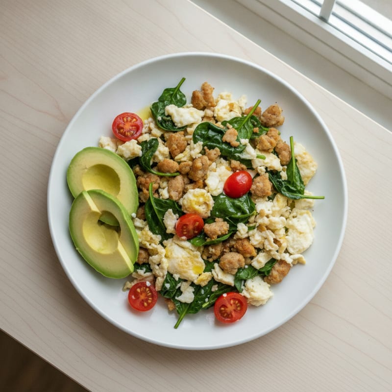 Egg White and Turkey Sausage Scramble with Spinach