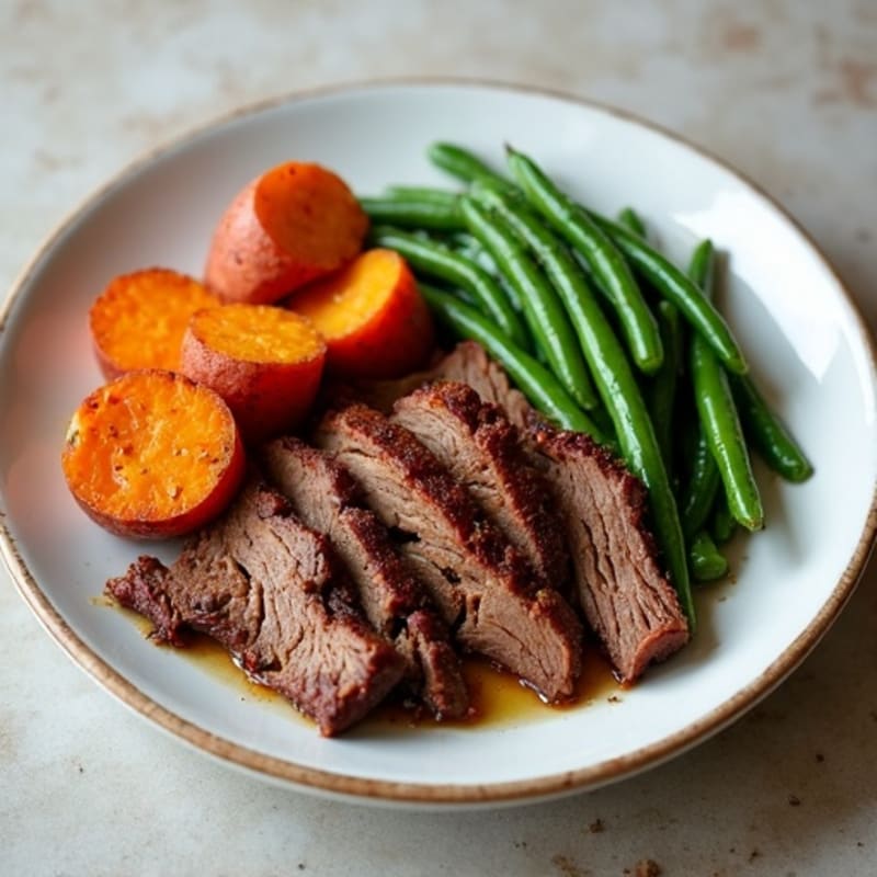 Smoky Brisket with Roasted Sweet Potatoes and Crispy Green Beans