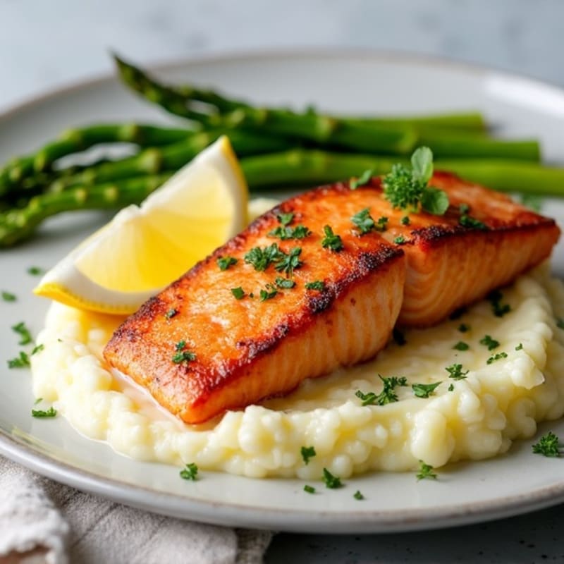 Seared Salmon Fillet with Steamed Asparagus and Cauliflower Mash
