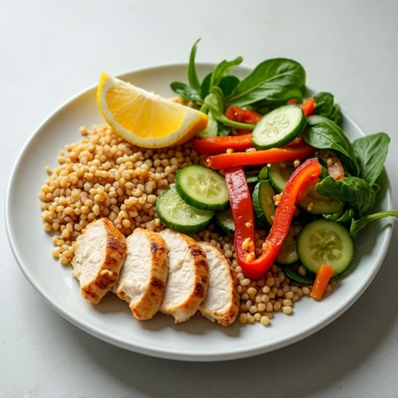 Grilled Chicken with Brown Rice and Crunchy Vegetable Salad