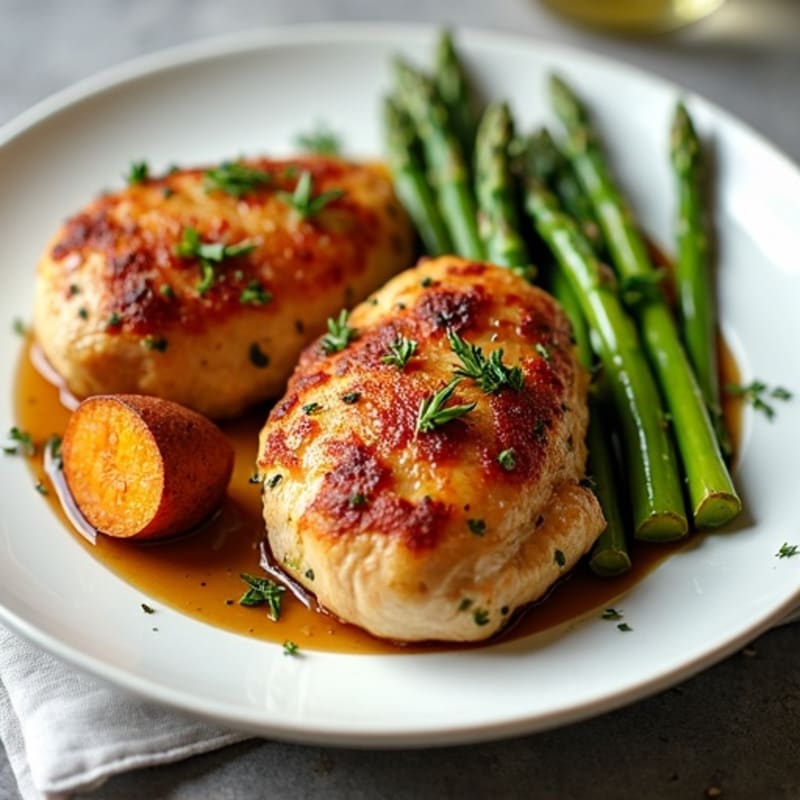 Crispy Herb-Roasted Chicken Thighs with Tender Asparagus and Roasted Sweet Potatoes