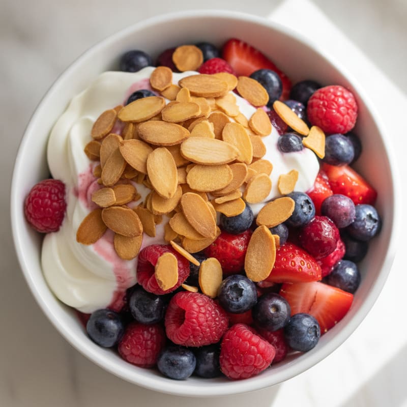 Greek Yogurt Protein Parfait with Mixed Berries and Almonds