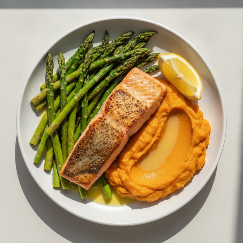 Seared Salmon with Roasted Asparagus and Sweet Potato Mash