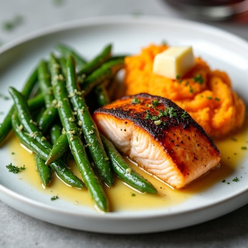 Seared Salmon Fillet with Garlic Green Beans and Sweet Potato Mash