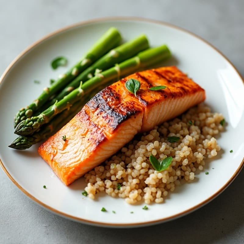 Seared Salmon Fillet with Steamed Asparagus and Brown Rice