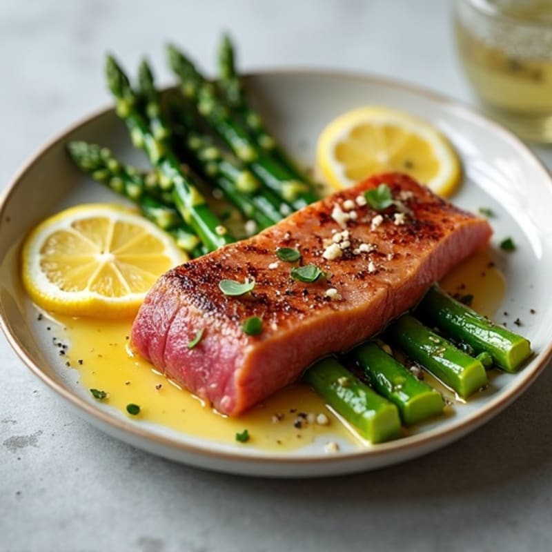 Pan-Seared Tuna with Roasted Asparagus and Lemon Vinaigrette