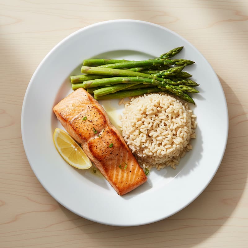 Seared Salmon with Steamed Asparagus and Brown Rice