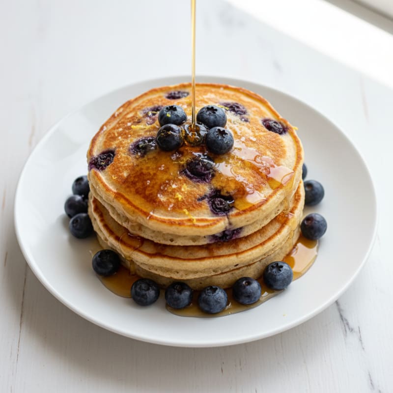 Blueberry Ricotta Pancakes with Maple Syrup