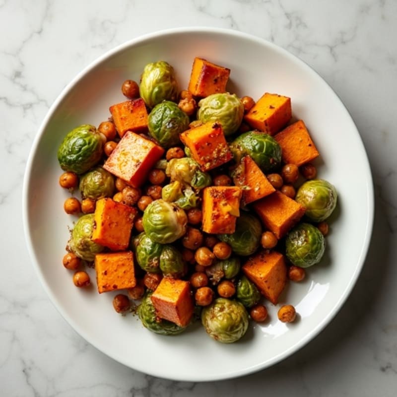 Crispy Roasted Sweet Potatoes and Brussels Sprouts with Garlic, Tofu & Chickpeas