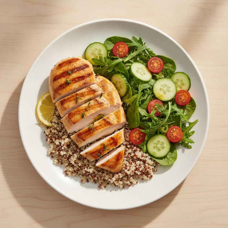 Grilled Chicken Breast with Quinoa and Crunchy Mixed Greens Salad