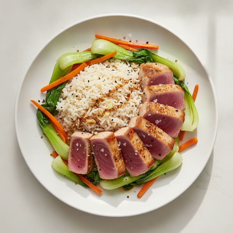 Pan-Seared Tuna with Ginger Rice and Vegetables