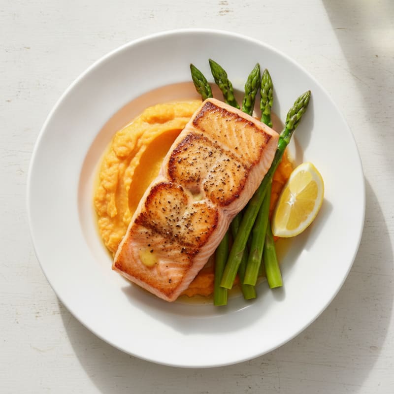 Seared Salmon Fillet with Steamed Asparagus and Sweet Potato Mash