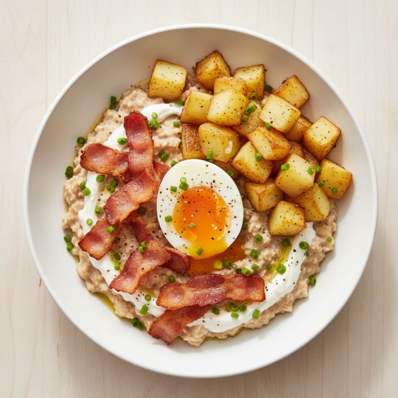 Egg and Bacon Oatmeal Bowl with Sautéed Potatoes