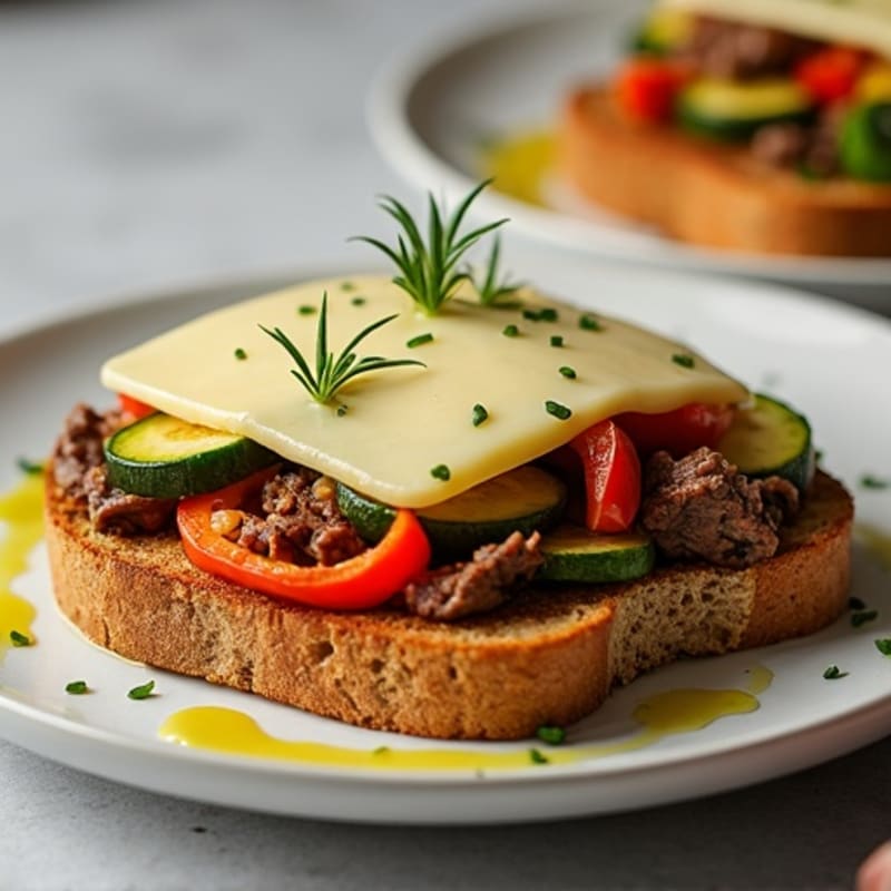 Sautéed Steak and Veggies with Melted Provolone on Whole Wheat
