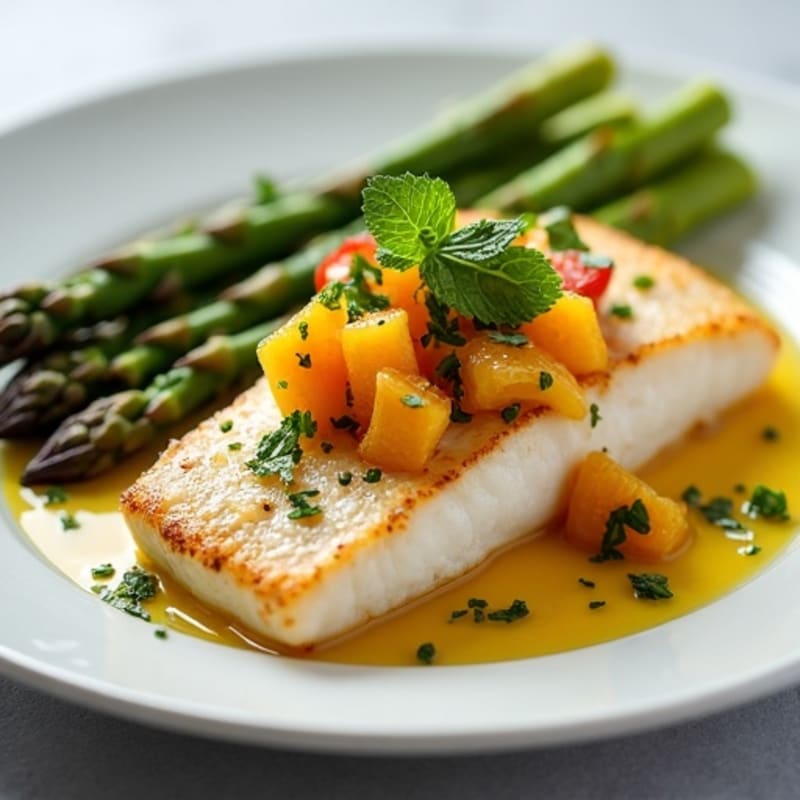 Pan-Seared Halibut with Vibrant Citrus-Herb Salsa and Crispy Roasted Asparagus
