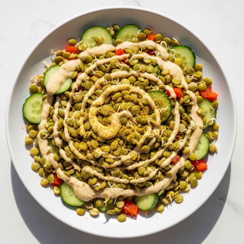 Crunchy Raw Vegan Lentil and Sprouted Seed Salad with Lemon-Tahini Dressing
