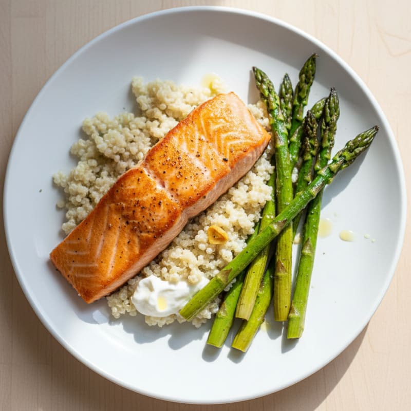 Seared Salmon with Creamy Quinoa and Roasted Asparagus