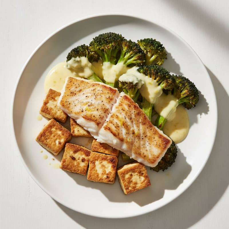 Pan-Seared Cod with Roasted Broccoli and Lemon Yogurt Sauce