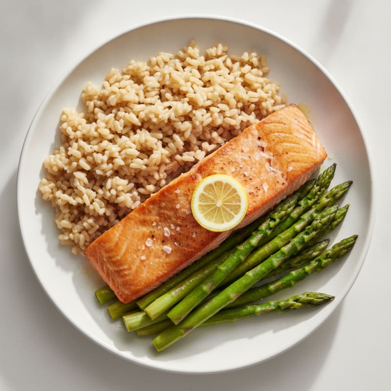 Seared Salmon with Steamed Asparagus and Brown Rice