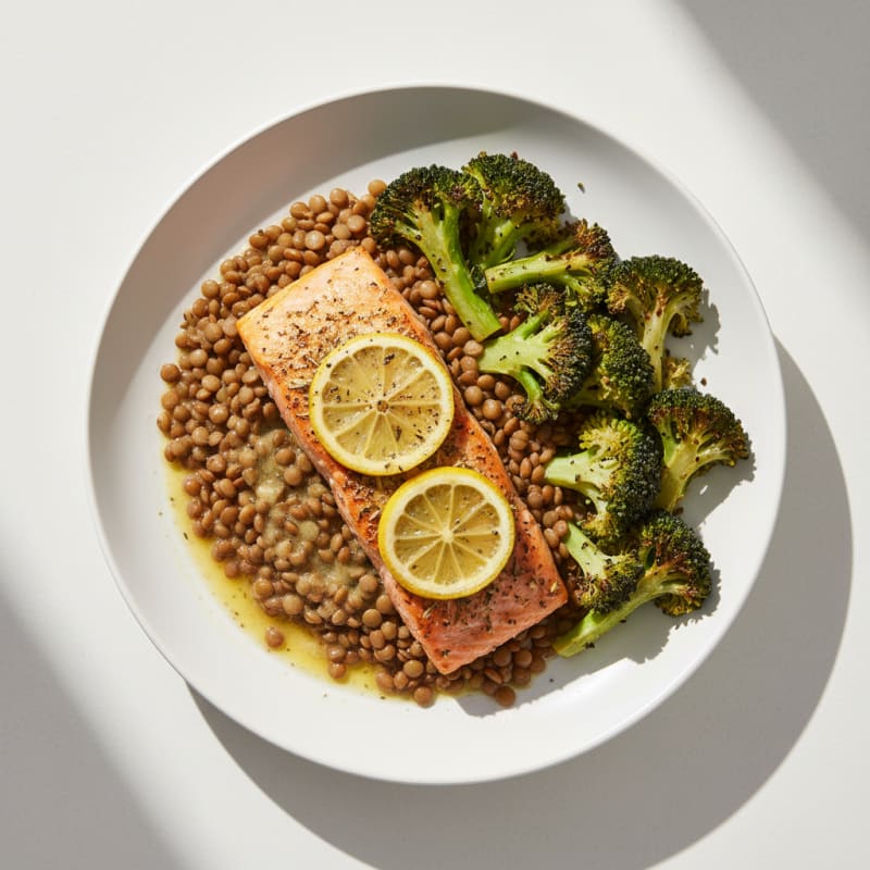 Herb-Baked Salmon with Roasted Broccoli and Lentils