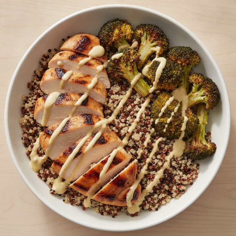 Grilled Chicken and Quinoa Bowl with Roasted Broccoli and Lemon Tahini Drizzle