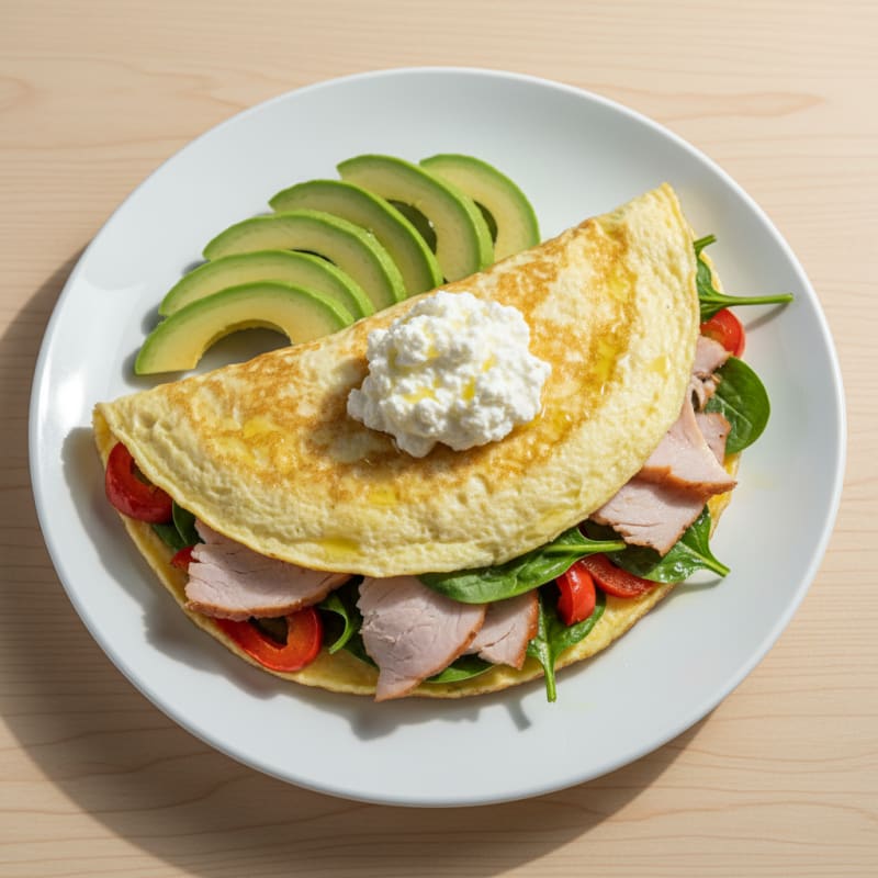 Egg White Veggie Omelette with Smoked Turkey and Cottage Cheese