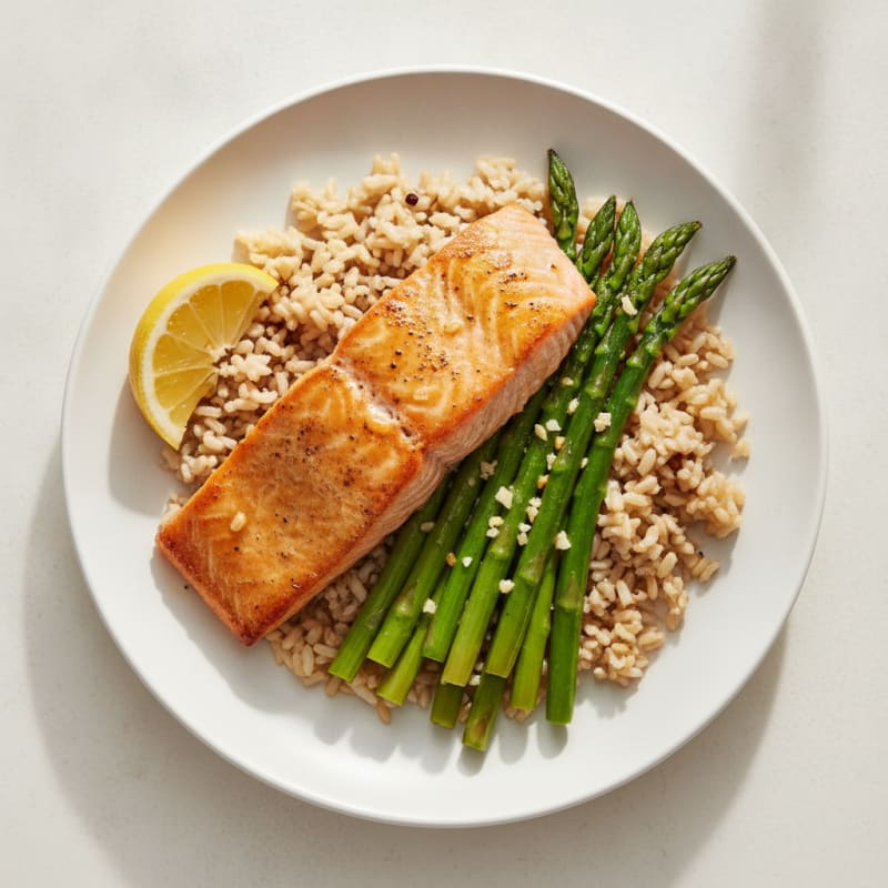 Seared Salmon with Lemon Garlic Asparagus and Brown Rice
