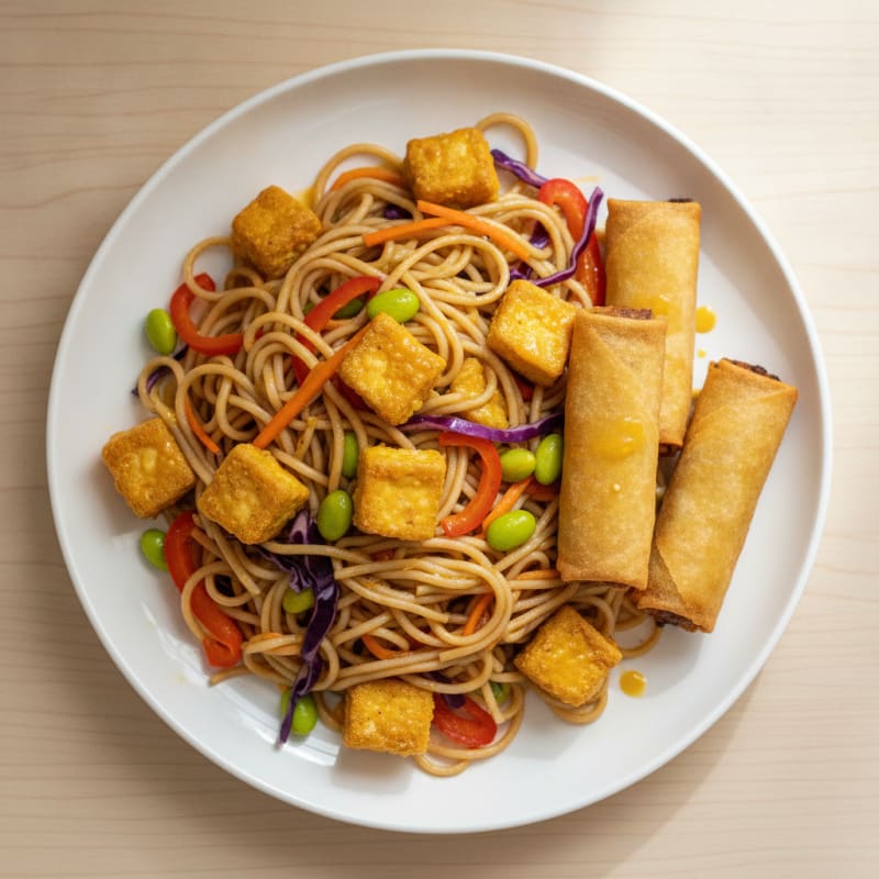 Orange Tofu Chow Mein with Air-Fried Vegetable Rolls