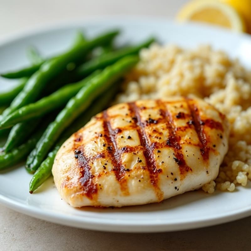 Grilled Chicken Breast with Lemon Garlic Green Beans and Quinoa