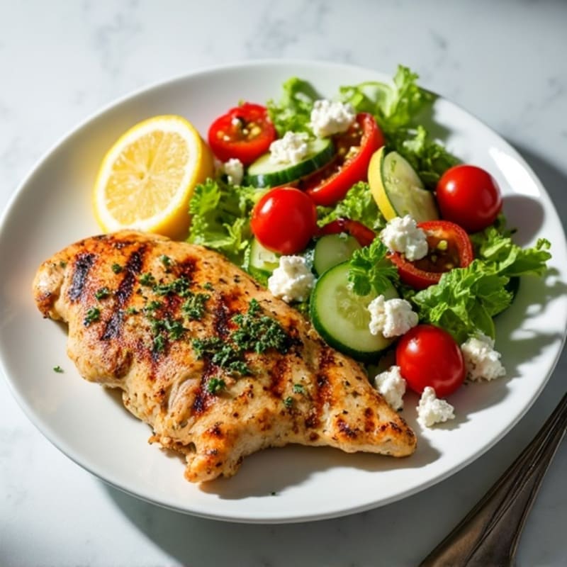 Lemon Herb Grilled Chicken with Crisp Vegetable and Feta Salad