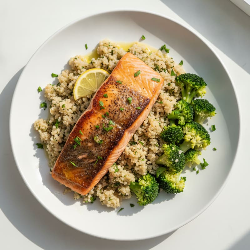 Seared Salmon Fillet with Steamed Broccoli and Herb Quinoa