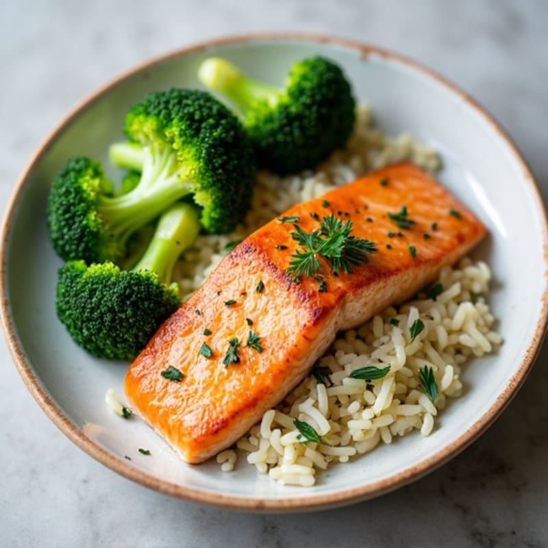 Seared Salmon Fillet with Steamed Broccoli and Herb Rice
