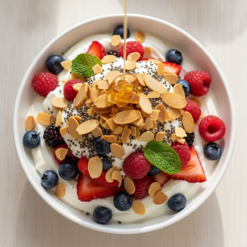 Greek Yogurt Parfait with Mixed Berries and Crunchy Almonds
