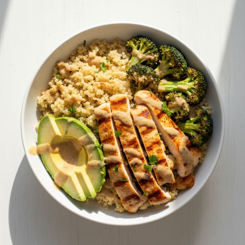 Grilled Chicken and Quinoa Power Bowl with Roasted Broccoli