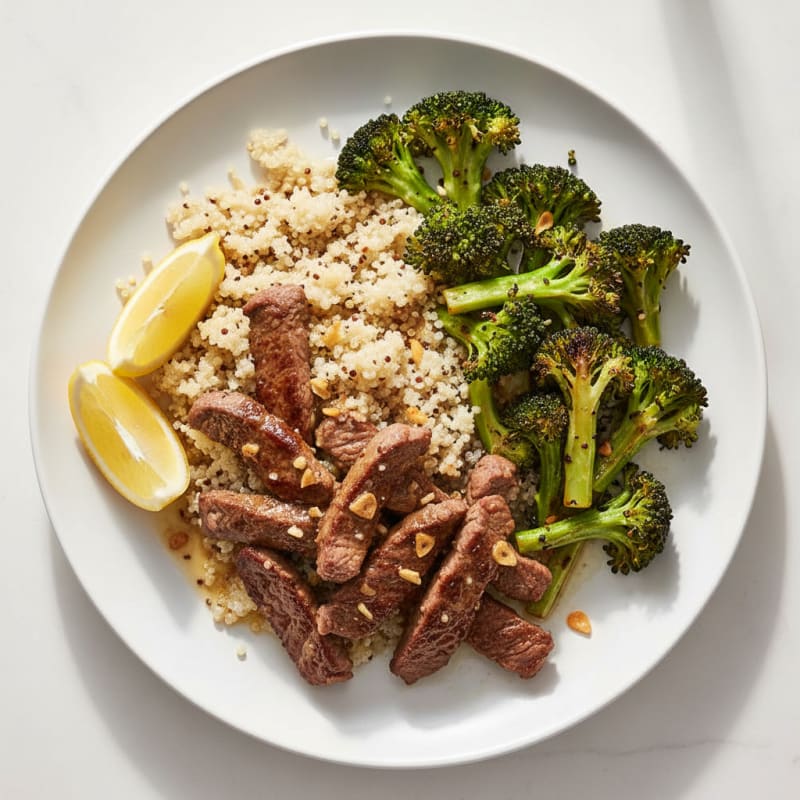 Seared Beef Strips with Roasted Broccoli and Quinoa