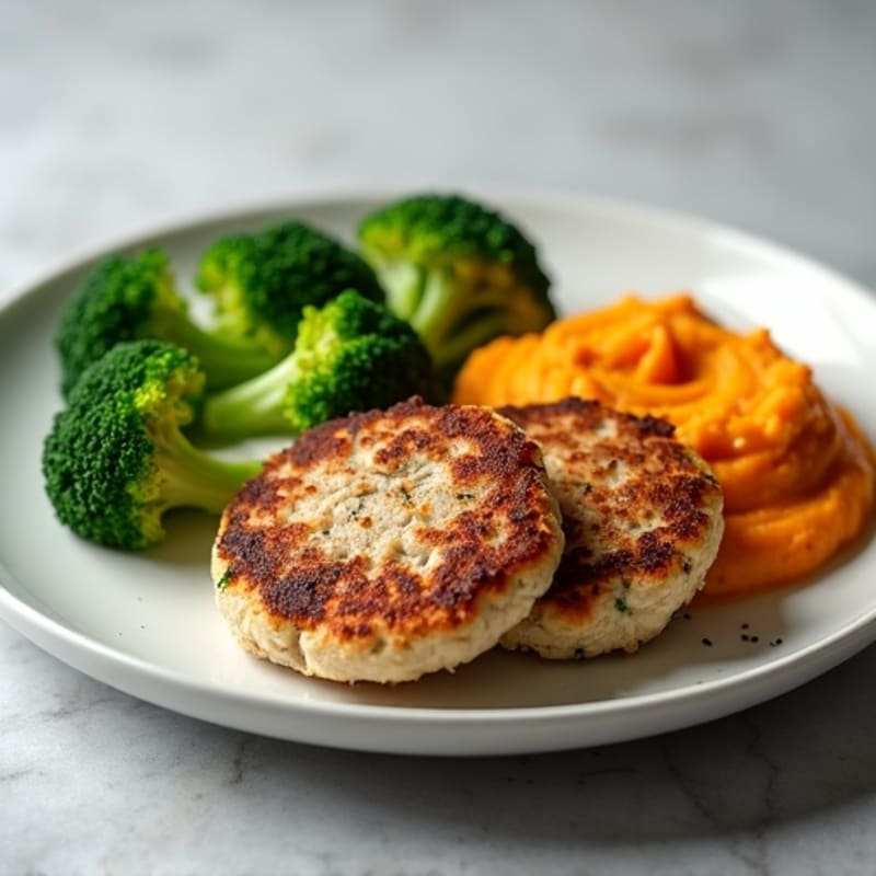 Seared Turkey Patties with Steamed Broccoli and Sweet Potato Mash