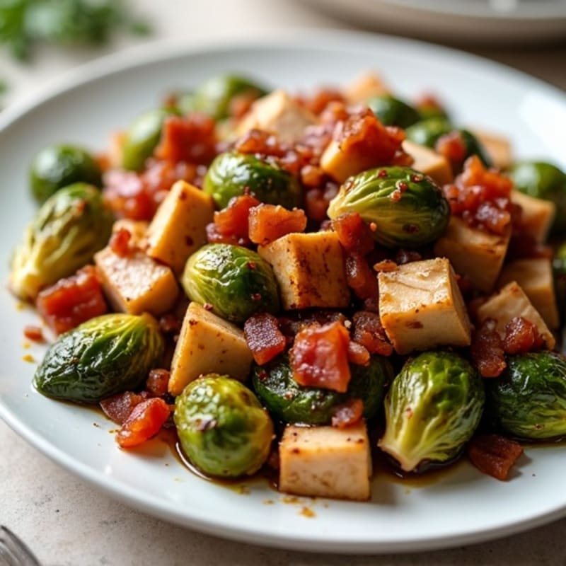 Crispy Honey Balsamic Brussels Sprouts with Bacon and Chicken