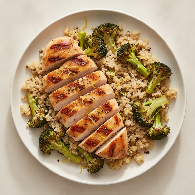 Grilled Lemon Pepper Chicken Breast with Quinoa and Roasted Broccoli