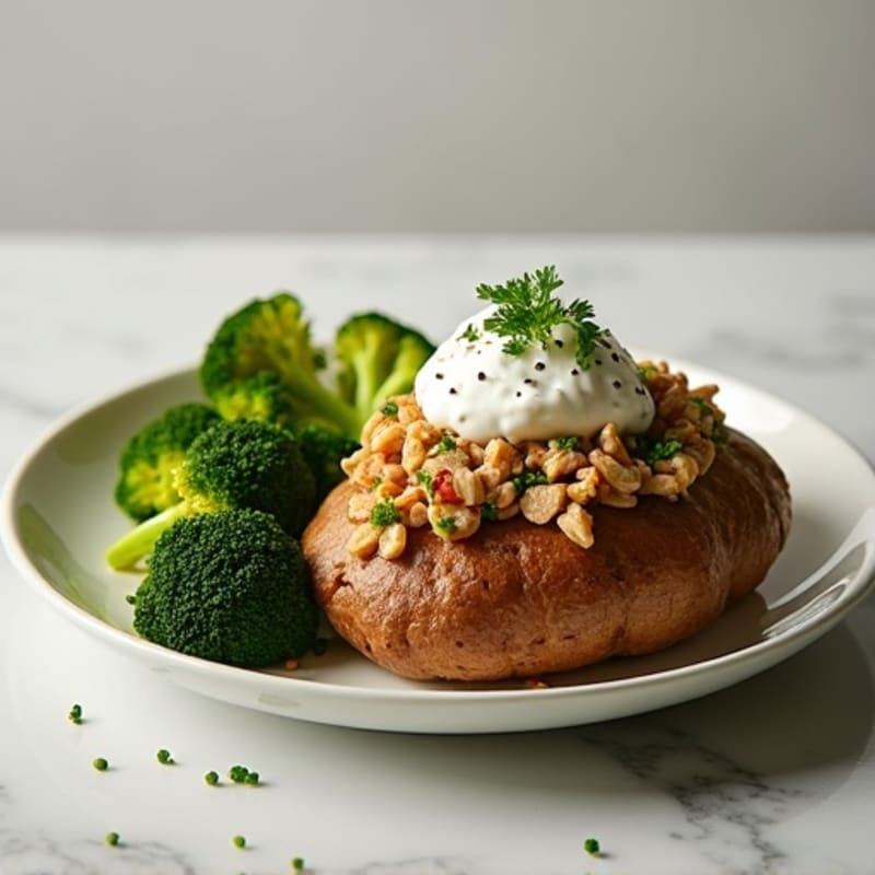 Crispy Baked Potato with Lean Ground Turkey, Roasted Broccoli, and Creamy Greek Yogurt