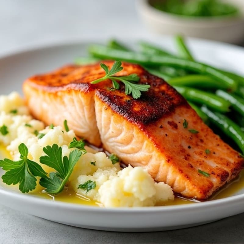 Seared Salmon with Steamed Green Beans and Mashed Cauliflower