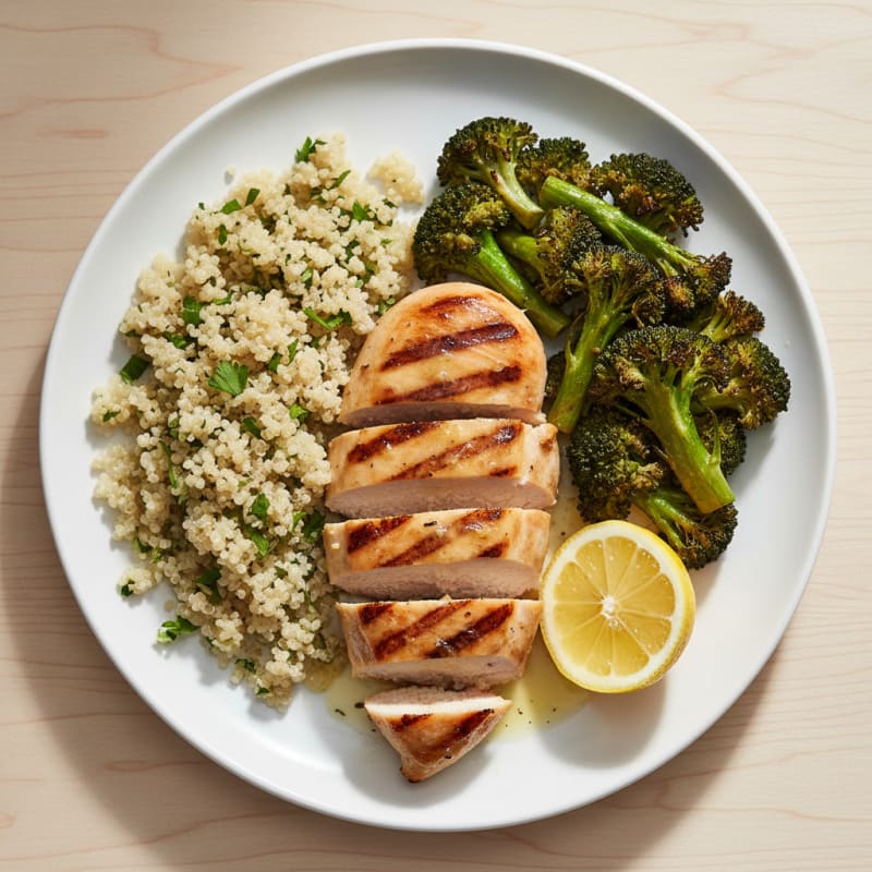 Grilled Chicken Breast with Quinoa and Roasted Broccoli