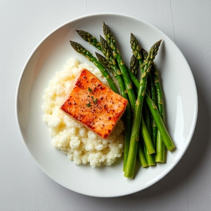 Seared Salmon with Steamed Asparagus and Cauliflower Mash